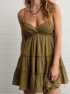 AE•V-Neck Tiered Babydoll Mini Dress•Size  XS•NWT•Olive